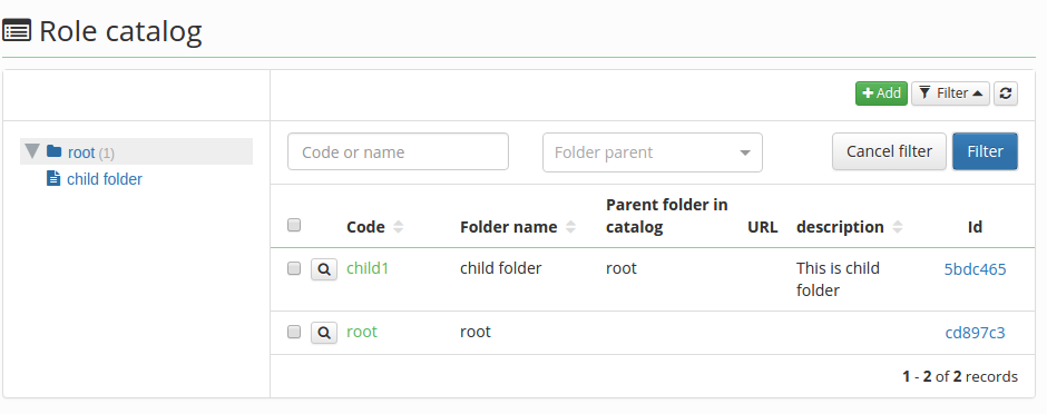 Role catalog folders list